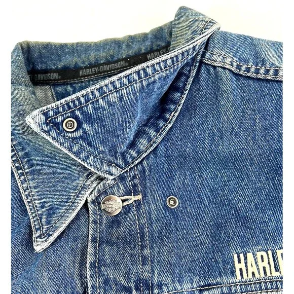 Harley Davidson Motorcycles Embroidered Patch Denim Vest Jacket Blue Mens XL - Picture 7 of 10